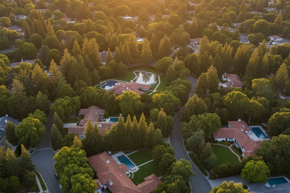 Atherton 航拍视角 — 每户 1 acre 以上,绿树掩映,极致低密度。